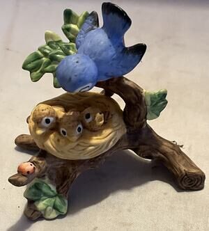 Josef Originals Blue Bird Mother on Branch Figurine 1960s Vintage Ceramic
